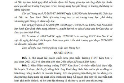 PHÊ DUYỆT KẾ HOẠCH CHIẾN LƯỢC PHÁT TRIỂN TRƯỜNG THPT KIM SƠN C GIAI ĐOẠN 2023-2028 VÀ TẦM NHÌN ĐẾN NĂM 2035