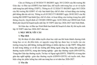 KẾ HOẠCH TỔ CHỨC THI TUYỂN SINH LỚP 10 THPT NĂM HỌC 2026-2027